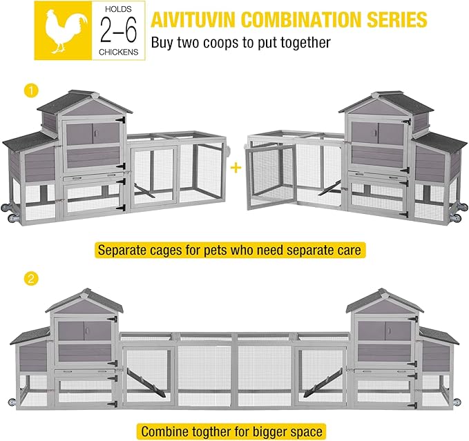 Aivituvin Mobile Chicken Coop with Wheels for 4-6 Chickens, Backyard Expandable Chicken House Duck Cage with Run, 2 Nesting Boxes, Easy Clean Pull-Out Tray, Leak-Resistant Asphalt Roof, 82.4"(Grey)