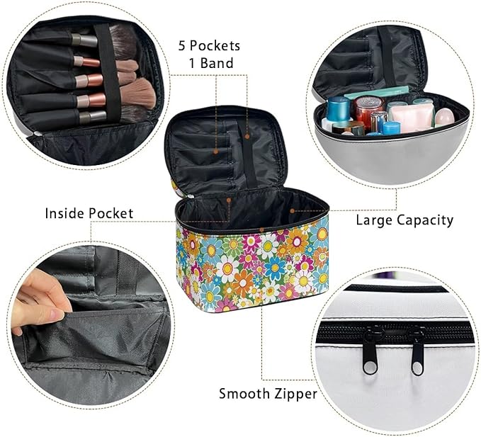 Retro 70S Colorful Hippie Flower Print Travel Makeup Bags for Women Portable Tote Cosmetic Case with Carry Handle Toiletry Accessories Storage Organizer Bags