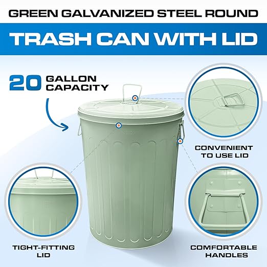 Plexon 20 Gallon Metal Trash Can and 13 Gallon Metal Trash Cans with Lids Outdoor Garbage Cans Heavy Duty Galvanized Buckets with Lids for Garage Workshop Ash Storage Farmhouse, Bundle