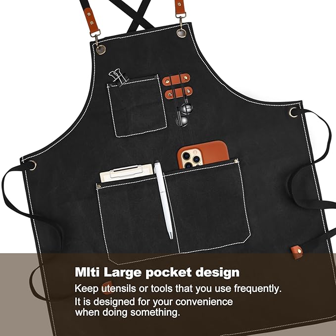 Cross-Back Chef Aprons for Men Women with Pockets,Cotton Canvas Adjustable Cooking Work Apron for Kitchen