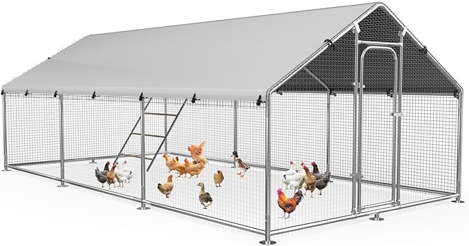 Large Metal Chicken Coop Run with Roosting Perch, Outdoor Poultry Cage with Waterproof & UV-Resistant Cover for Chickens, Ducks, Rabbits in Yard or Farm Use, Spire Roof(8.9'W x17.7'L x 6.6'H)