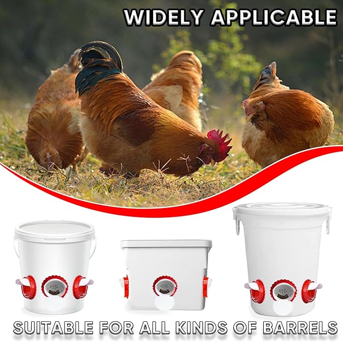 Chicken Feeders No Waste, Rain-Proof Rodent Proof Automatic Chicken Feeder Port kit, Gravity Feeder with Lid has 6 Ports -1 Hole Saw Suitable for Buckets, Barrels, Bins, Troughs (White-6pcs)