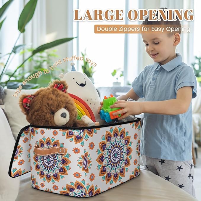 Boho Vintage Flowers Storage Bins with Zipper Lid Fabric Storage Containers for Clothes Collapsible Closet Storage Basket with Metal Frame 2 Pack