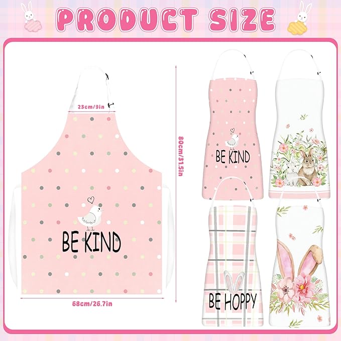 Easter Aprons Set of 4, Bunny with Easter Eggs Pattern Kitchen Aprons for Adults, Easter Decorations for Home, Bunny Gifts, Spring Table Decor