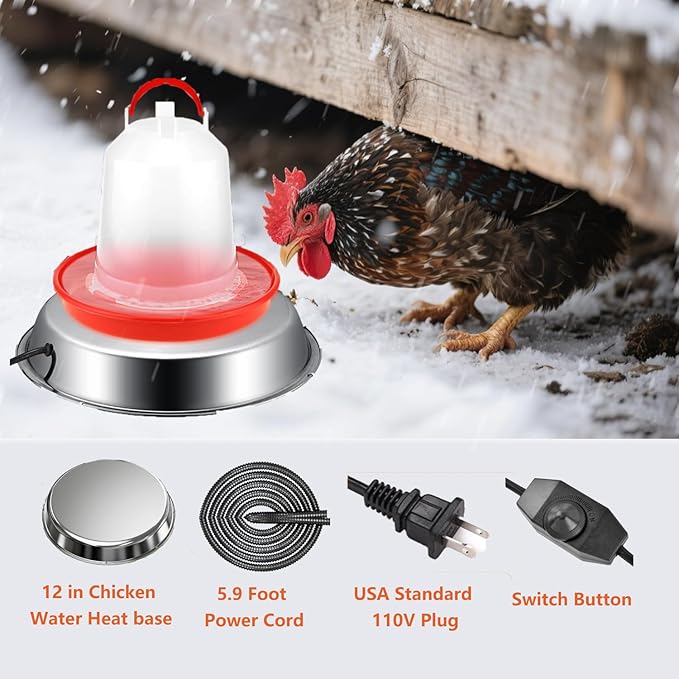 12in Chicken Warer Heater for Winter,5 Gallon Chicken Water Heated Base,Automatic Electric Poultry Winter Deicer Heated Base for Plastic/Metal Poultry Water