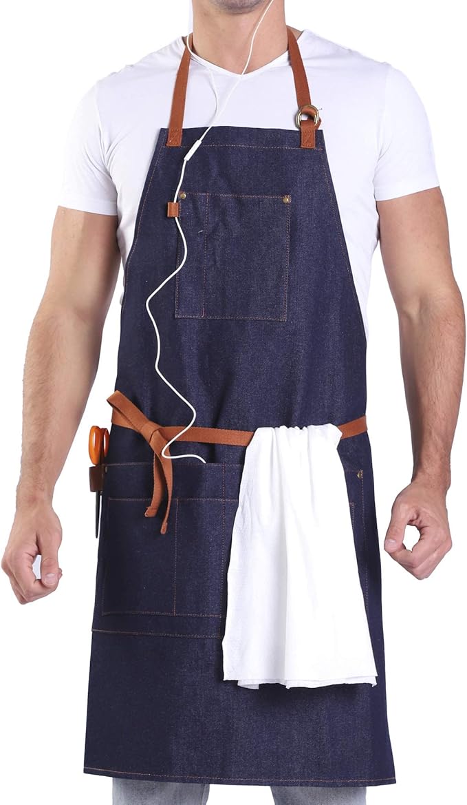Denim Apron with Pockets Tall Bib Apron Large with Long Ties Adjustable - Gifts for Men Women