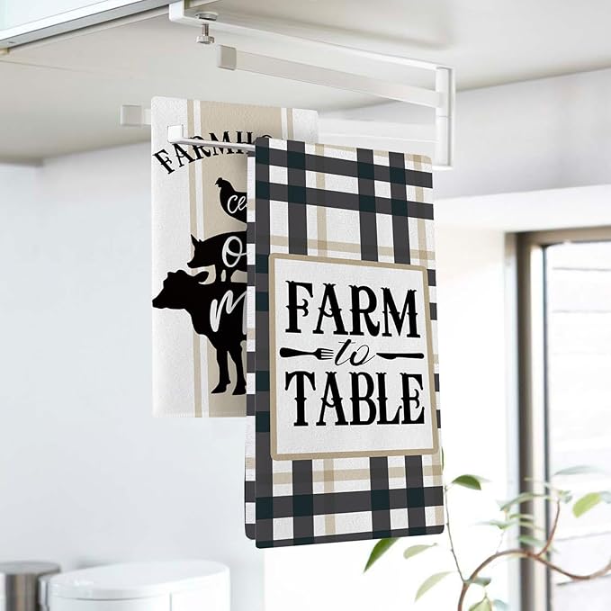 Farmhouse Animals Kitchen Dish Towels Set of 2, Chicken Pig Cow Chick Oink Moo Drying Hand Towel Baking Cooking Cloth, Farm to Table Buffalo Plaid Bathroom Home Decoration 18'' x 26''