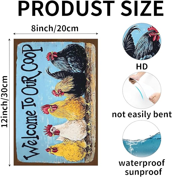 Funny Sign Welcome To Our Coop Chickens Metal Tin Sign Wall Decor for Chicken Coop Farmhouse Home Kitchen Bar Yard Porch 12×8 Inch