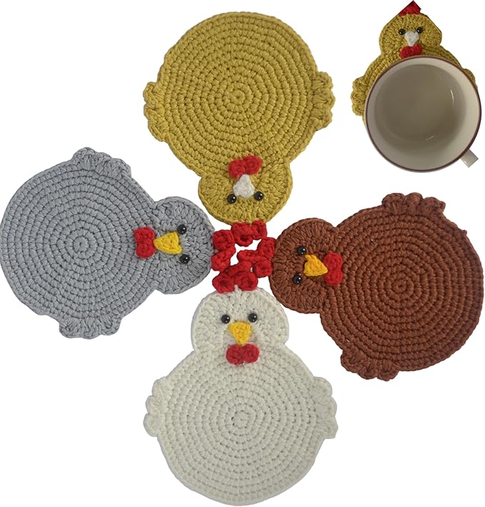 Handmade Crochet Chicken Coasters Set of 4, Stuffed Animal-Themed Drink Coasters, Cute Desk Accessories, Home Decor, Tabletop Protection, Crazy Chicken Lady Must Have (Style 2)