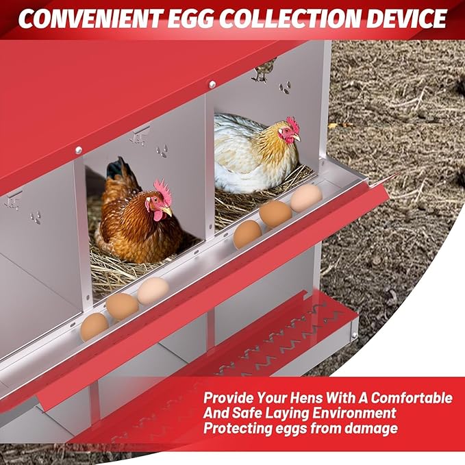 Metal Chicken Nesting Boxes, Heavy-Duty Galvanized Steel Egg Laying Box with 6 Compartments, Rustproof, Easy to Install & Clean, Wall-Mountable Design for Poultry Coops- Red with Stand