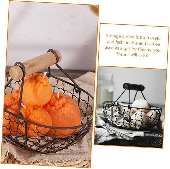 2pcs Vintage Iron Wire Storage Basket with Wooden Handle, Small Multi-function Farmhouse Style Egg and Fruit Basket for Kitchen Countertop Organization