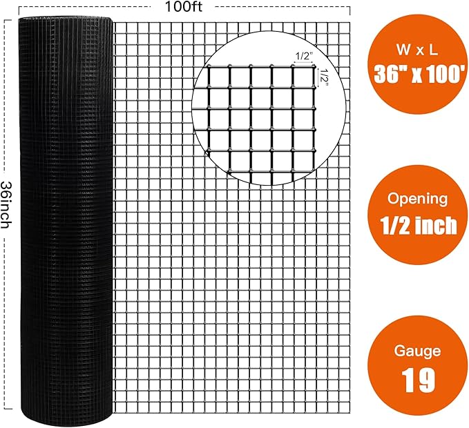 36" x 100' 1/2inch Hardware Cloth, Black Vinyl Coated Chicken Wire Fence Galvanized Welded Mesh Roll for Home Garden Rabbit Cage