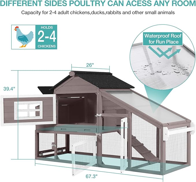 Chicken Coop for 4 Chickens, Mobile Chicken House with with Wheels, Outdoor Hen House Poultry Cage with Nesting Box, Leakproof Pull Out Tray and UV-Resistant Roof (67.3" L x 29" W x 39.4" H-B)