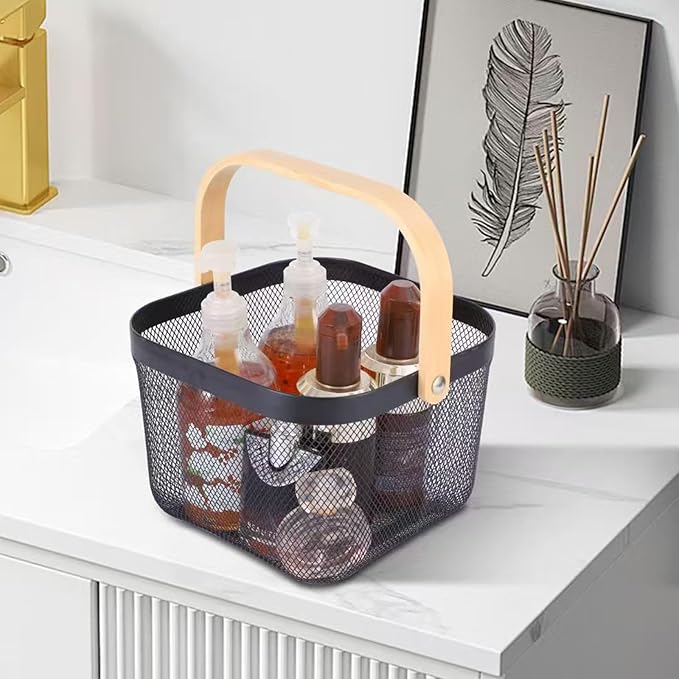 Metal Mesh Wire Basket, Small Steel Basket with Wooden Handle Storage Organizer Basket Multi-functional Hanging Kitchen Baskets Fruit Baskets for Kitchen Bathroom Cabinet Pantry Snacks, Black