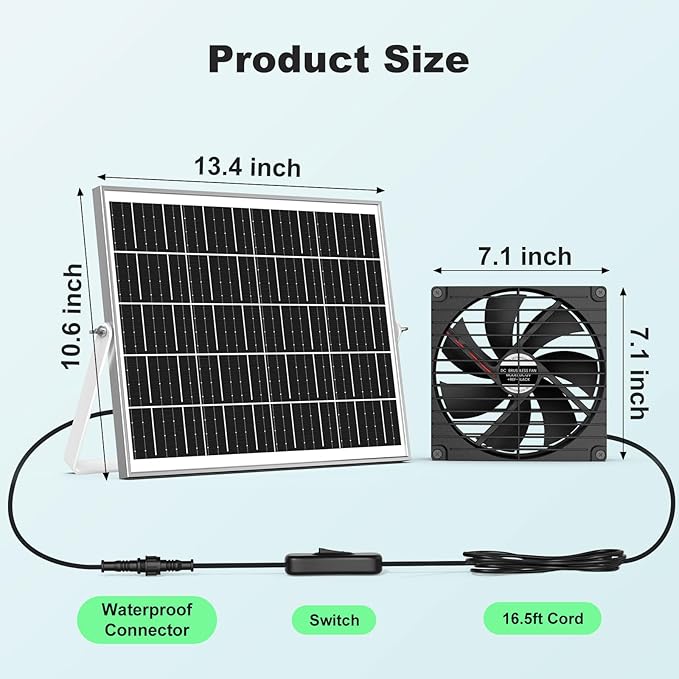 7.1" Large Solar Greenhouse Fan, 25W Solar Powered Vent Exhaust and Intake Chicken Coop Fan Outdoor Waterproof, 16.5 ft Cord, Strong Airflow for Shed Doghouse Cabin Ventilation Air Circulation