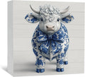 Blue and White Chinoiserie Cow Wooden Signs, Grand Millenial Bow Blue Cow Floral Home Decor Signs, Chinoiserie Porcelain Desk Decorations, Farmhouse Animal Office Kitchen Bathroom Decor