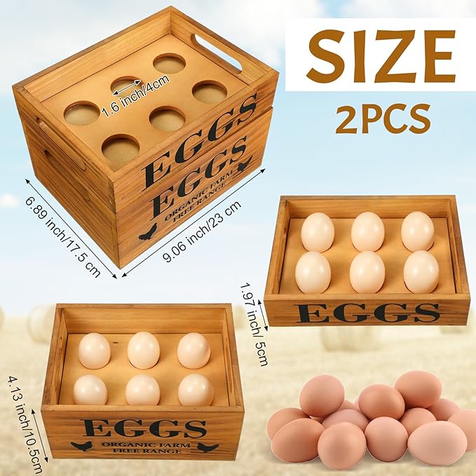 Qinyoung 2 Pcs Farm Wooden Eggs Crate for 12 Fresh Eggs Easter Stackable Wooden Crates for Display Rustic Storage Box with Handle for Easter Supermarket Farm Food Shop Kitchen Supplies