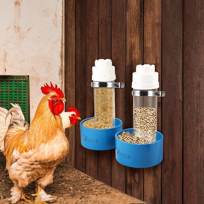 2 Pack Transparent PVC Chicken Feeder, Oyster Shell and Grit Feeder Hanging Ground Chicken Coop Feeder with Hanging Hook for Hens & Chicks (Blue)
