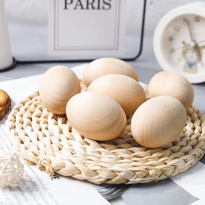 YunKo 6Pcs Wooden Easter Eggs Fake Wood Easter Unfinished Eggs to Paint for Crafts Home Decor
