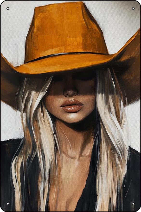 Chic Cowgirl Portrait Wall Art - Modern Western with Blonde Woman in Bold Cowboy Hat for Rustic Farmhouse Decor - 8 x 12 inches Vintage Metal Sign