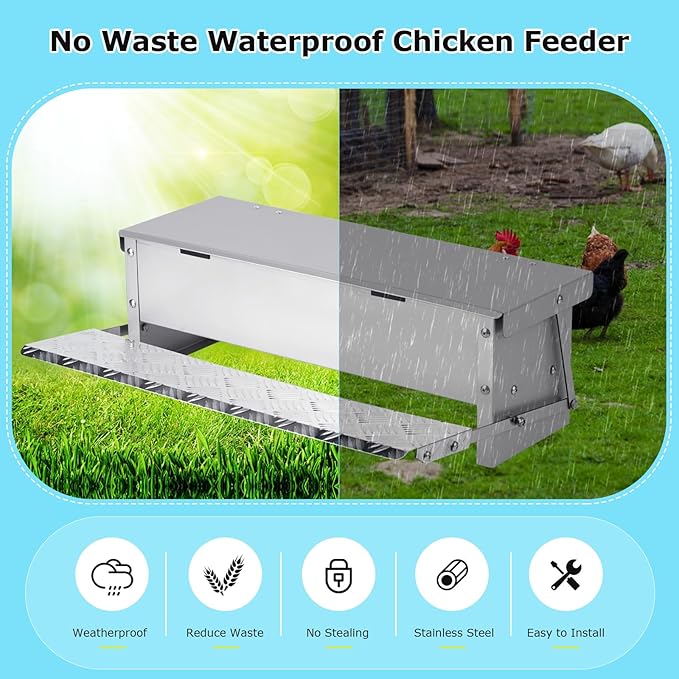 Automatic Chicken Feeder Treadle Large Poultry Feeders No Waste Stainless Steel Rat Proof Chicken Feeder Trough with Weatherproof Lid Treadle Chicken Feeder Self-Opening for Duck Fowl