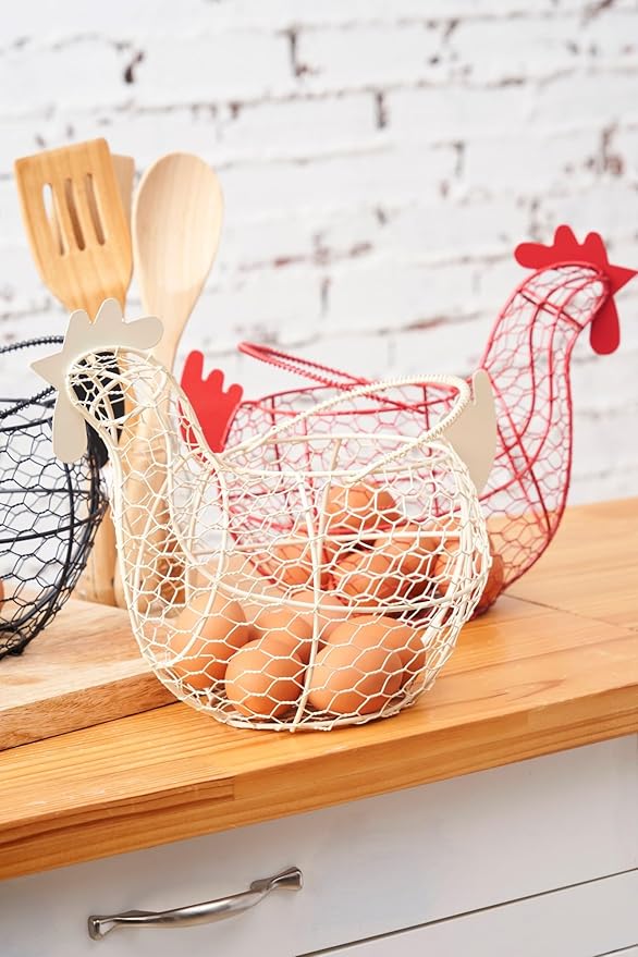 Tag 11.5 Antique White Farmhouse Rustic Vintage Chicken Wire Egg Basket With Handle For Egg Holder Fruit And Kitchen Living Room Home Rooster Decor Decoration Collecting And Countertop Storing Eggs