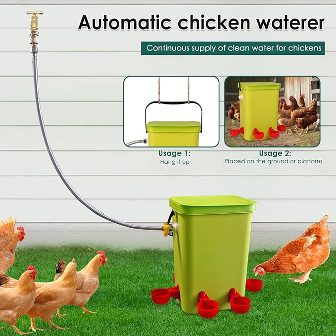 Automatic Chicken Waterer with Float Valve, 3.2 Gallon Hanging Poultry Waterer with 6 Water Cups, Large Duck Quail Turkey Goose Chicken Coop Water Dispenser