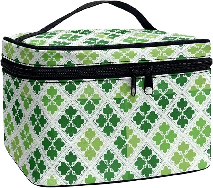 Travel Makeup Bags for Women Portable Tote Cosmetic Case with Carry Handle Toiletry Accessories Storage Organizer Bags for St. Ptrick's Day, Shamrock Grids Green