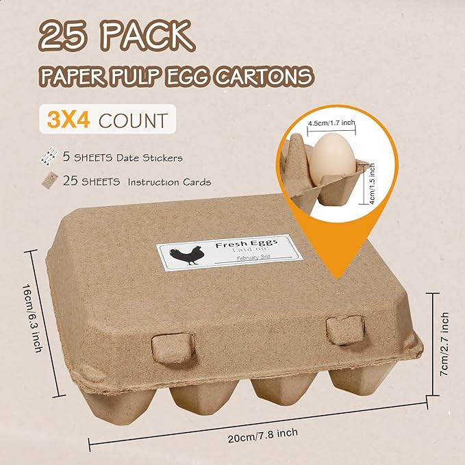 25 Pack Egg Cartons Bulk, 3×4 Style Reusable Empty Natural Paper Pulp Cardboard Egg Tray Holder Containers for Farmers, Home Use & Transport