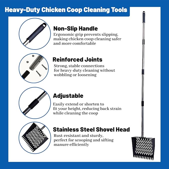 Chicken Poop Scooper and Rake 2-in-1, Metal Chicken Coop Scoop - 32 to 62" Adjustable Handle Sand Sifting Shovel Cleaning for Chicken Coops Animal Pens, Reinforced Joint