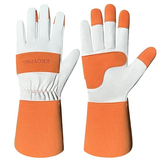 Gardening Gloves, Long Thorn Proof Garden Gloves for Women and Men, Goatskin Breathable Leather Work Gloves for Gardening, Pruning, Yard Work, Brown, M