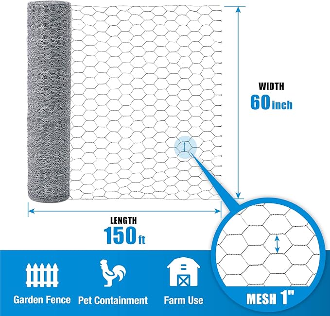 Fencer Wire Poultry Netting Fence, 20 Gauge Galvanized Hexagonal Chicken Wire Fence, 1-Inch Mesh Opening Size (5 ft. x 150 ft.)