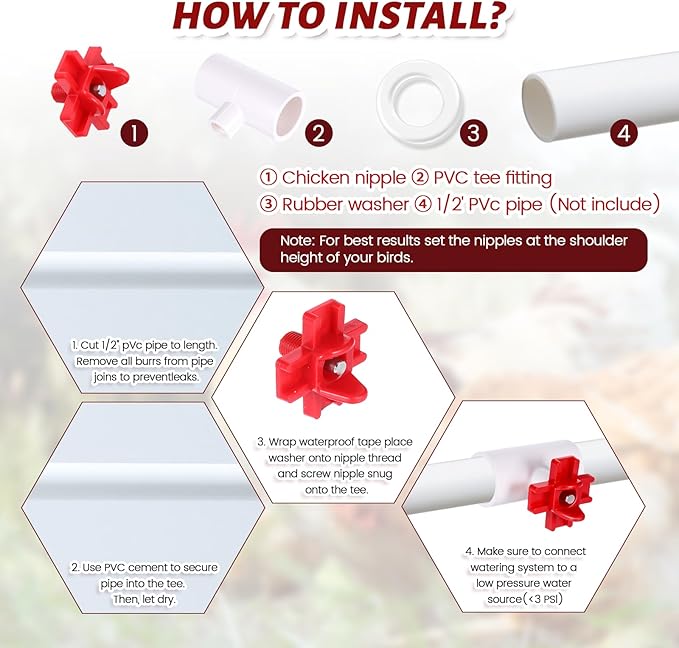 20 Pack Horizontal Chicken Water Nipples with 1/2'' PVC Tee Fittings Automatic Chicken Water Feeder Easy Install Chickens Nipples Waterer Horizontal Side Mount Poultry Nipple Waterer