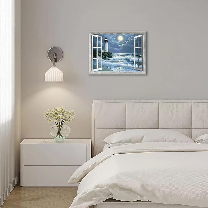 Lighthouse Nautical Wall Art Coastal Beach Pictures Wall Decor Ocean Canvas Prints Window Decorations Painting Framed Artwork Office Home Decor For Bathroom Bedroom Dining Living Room 16"x12"