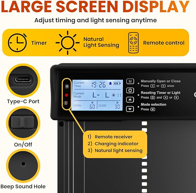 Okkobi Automatic Chicken Coop Door Solar Powered - LCD Display - Chicken Coop Door with Light Sensor & Timer - Security & Peace of Mind: Anti-Pinch Function - 5-Year Protection - Black