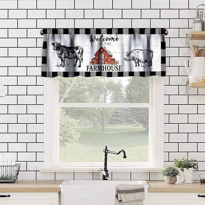 Farm Animals Valance Curtains Farmhouse Cow Pig Rustic Retro Wooden Board Black White Buffalo Check Art Print Rod Pocket Curtain Valance for Kitchen Bedroom Living Room Decor 1 Panel W54xL18 Inch