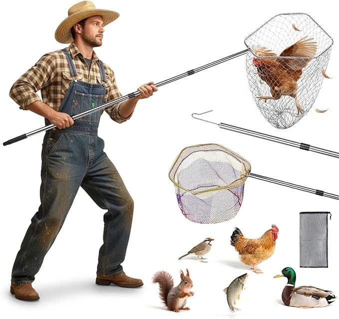 Chicken Net Catcher 3 in 1 Kit,Adjustable from 33" to 79" Chicken Net with 2 Folding Fish Nets & Chicken Leg Hook.Suitable for Catching Chicken,Fish,Birds,Cats,Poultry and Animals（15.3" x 23.2" Net）