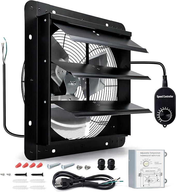 14 Inch Wall Mounted Shutter Exhaust Fan with Thermostat and Speed Controller for Attic, Greenhouse, Shed, Garage, Chicken Coop, Shop, Barn Ventilation, 1088 CFM High Power Louvered Vent Fan