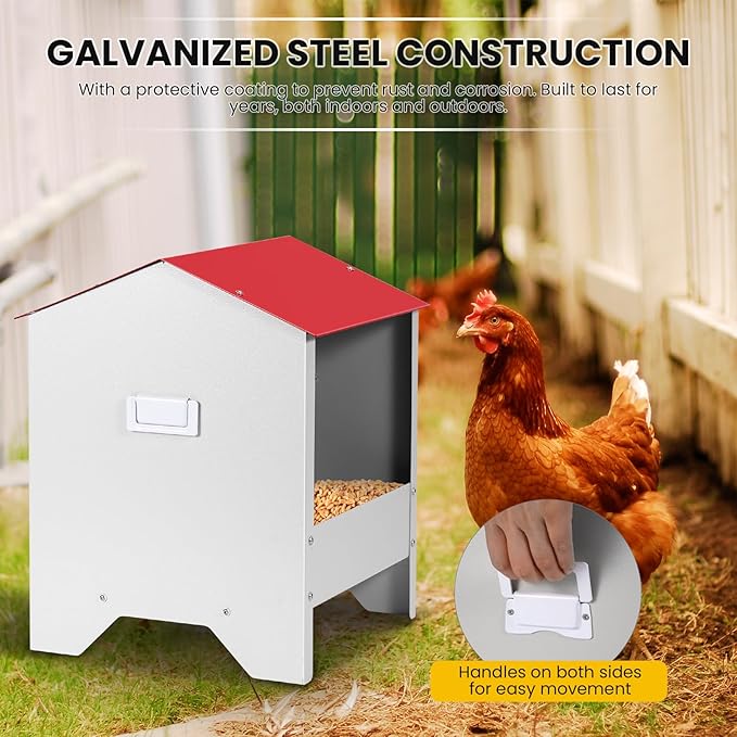 Metal Chicken Feeder with Weatherproof Lid Chicken Oyster Shell and Grit Feeder 10Lbs Poultry Feeding Trough for Hens, Ducks, Geese, Coop Accessories Supplies