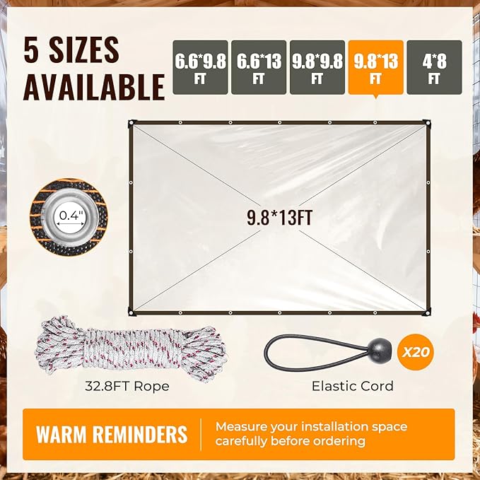 9.8x13Ft Chicken Coop Cover for Winter - Waterproof Chicken Coop Tarp with Elastic Cords & Rope, Durable Covers for Winter Protection