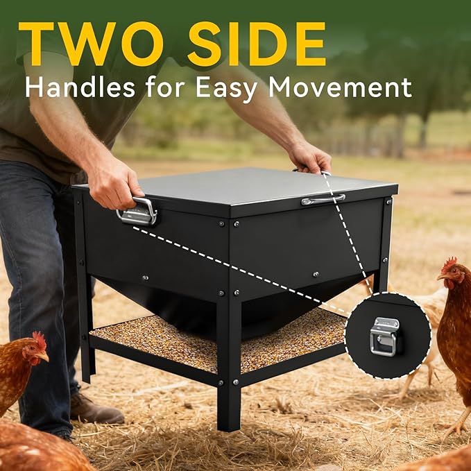 Large Metal Chicken Feeder, 80 LBS Heavy Duty Poultry Feeder Box with Waterproof Lid, No Waste Design for Hens, Roosters, Ducks, Suitable for Chicken Coops and Outdoor Use