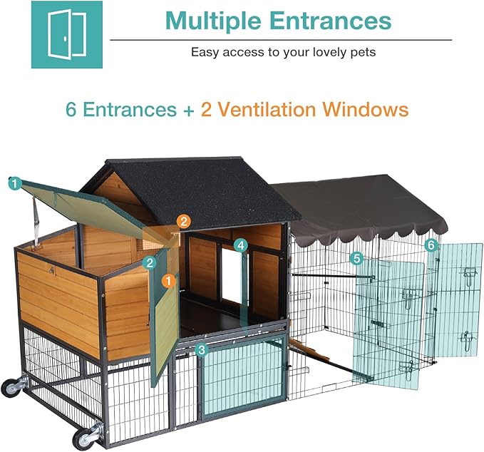 Mobile Chicken Coop,Large All-Steel Frame Hen House for 6-8 Chickens Poultry Cage with Nesting Box Metal Run,Waterproof Rain Cover Duck Coop