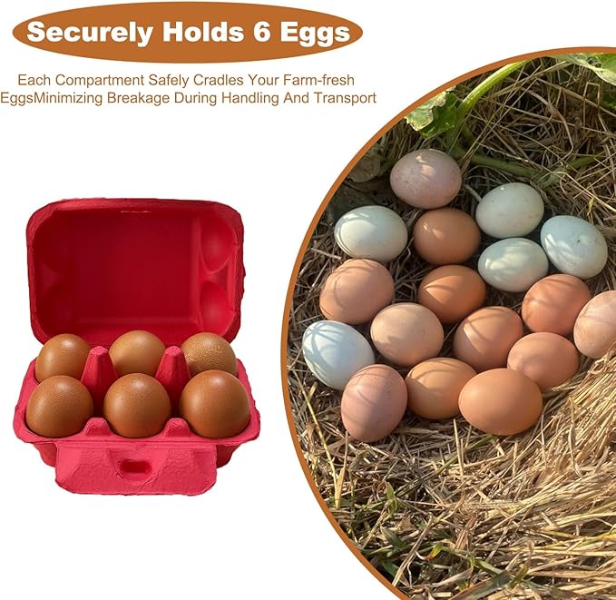 Reusable Egg Cartons, Paper Pulp Material, 50 Pack, Pink Yellow Orange Red Colors, Farm Fresh Eggs Storage Container (Red)