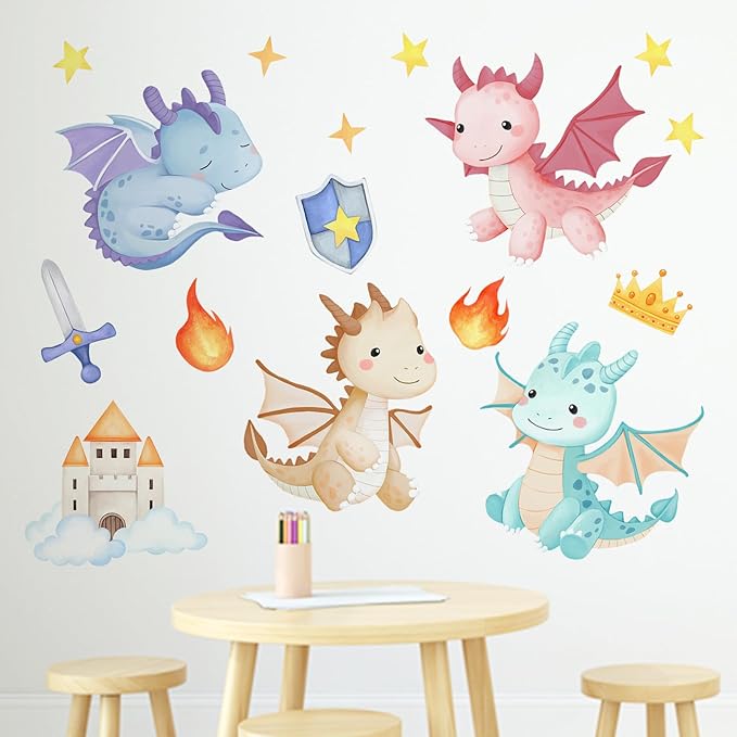 Mfault Baby Dragon Wall Decals Stickers, Cartoon Castle Crown Sword Shield Decoration Nursery Kids Bedroom Art, Fire Stars Cloud Toddler Girls Boys Playroom Living Room Home Decor