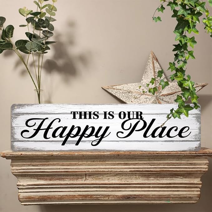Rustic Room Decorative Sign - ''This Is Our Happy Place'' Metal Sign, 16x4 Inch - Farmhouse Art Sign For Home, Office, Restroom, Bar or Cafe Wall Decor, Space Decor