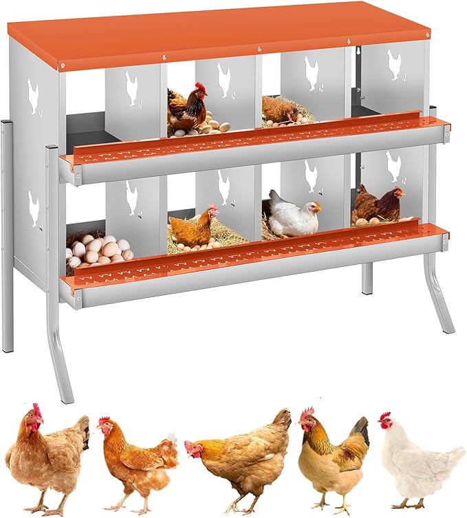 GarveeLife Chicken Nesting Box, 8 Compartments Nesting Box for Chickens, Two-Tier Galvanized Steel Chicken Egg Laying Box with Large Vented Holes Wall Mounting for Easy Egg Collection