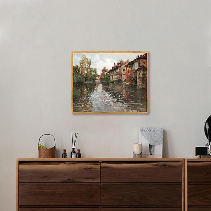 Vintage Farmhouse Framed Picture Nature Scenery Painting European Village Artwork River Village Wall Art French Landscape Canvas Colorful Farmhouse Pictures English Country Wall Art 8x10inch Framed