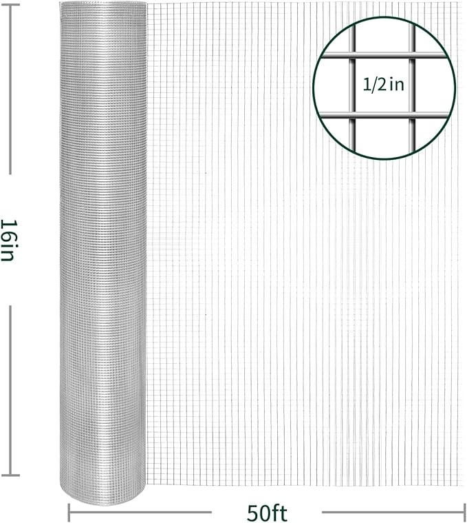 Hardware Cloth 1/2 Inch 19 Gauge Double-Layer Hot-Dip Galvanizing After Welding Chicken Wire Fence Roll -Welded Wire Mesh for Poultry Netting, Garden Fencing, Tree Guard Rolls and Animal Enclosures