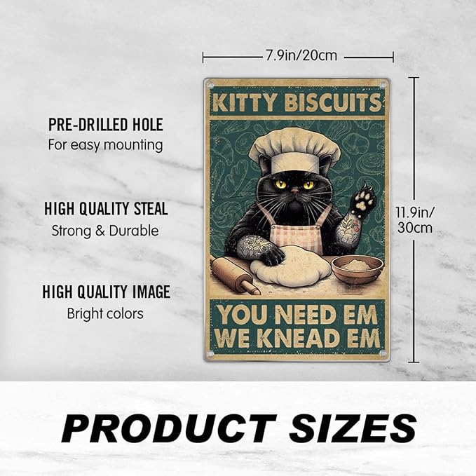 Biscuits Black Cat Wall Decor Funny Kitchen Retro Metal Sign Vintage Art Tin Poster Lovers Home Decoration 8 x 12 Inch Outdoor Indoor Aluminum
