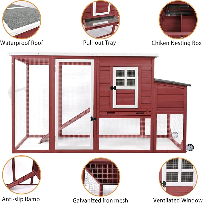 PetsCosset 75" Chicken Coop Backyard with Wheels Nesting Box Waterproof Removable Tray and Ramp Large Hen House for 1-4 Chickens